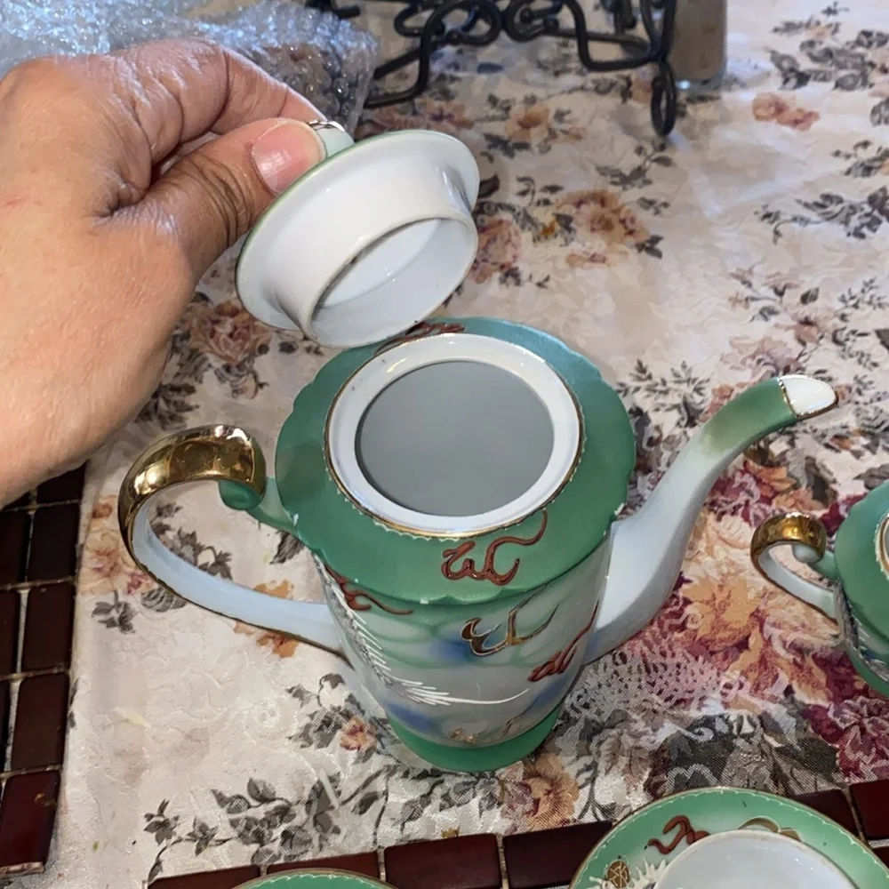 Vintage Dragonware Tea Set JB Betsons Green Hand Painted Moriage 14 pc set Japan